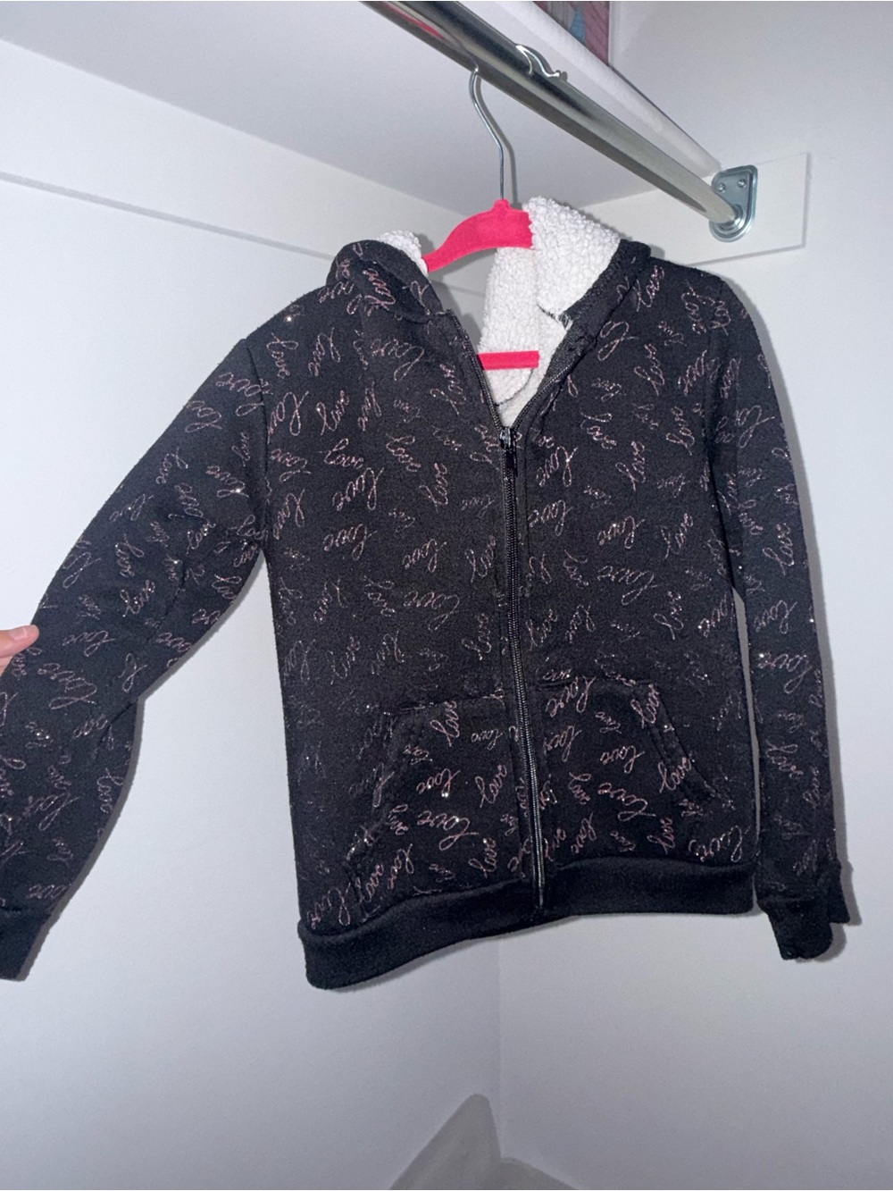 The Children's Place Black Zip-Up Sherpa Hoodie with Pink Script